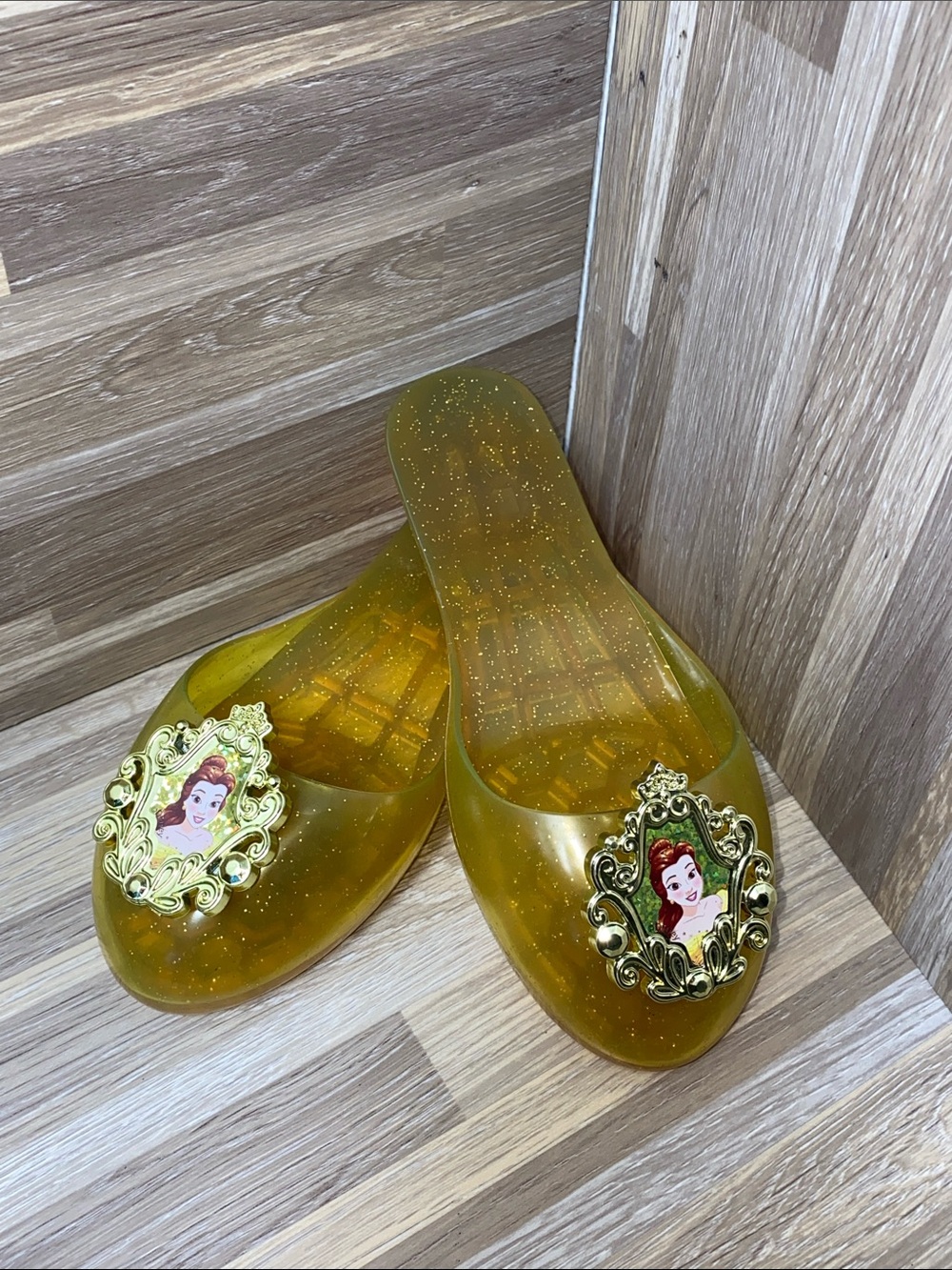 Disney Yellow Glitter Jelly Mules with Decorative Princess Belle Emblems
